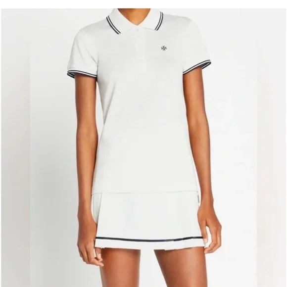 Tory Burch Snow White & Navy Tech Twill Pleated Tennis Skirt Woven Trim, Small - Picture 3 of 8